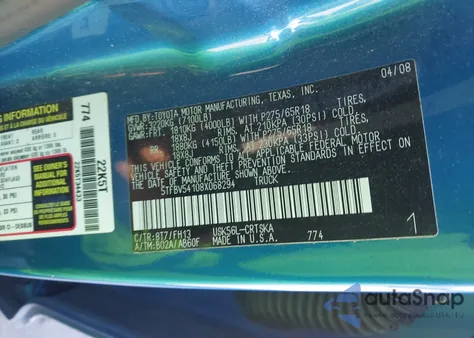 2008 Toyota Tundra Base 5.7L V8 из США, поврежденный, VIN 5TFBV54108X068294